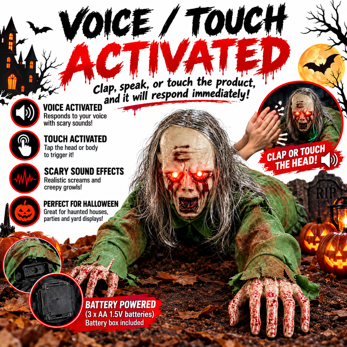 GraveCrawler™ 41" Sound-Activated Crawling Zombie Animatronic Kruna Outlet